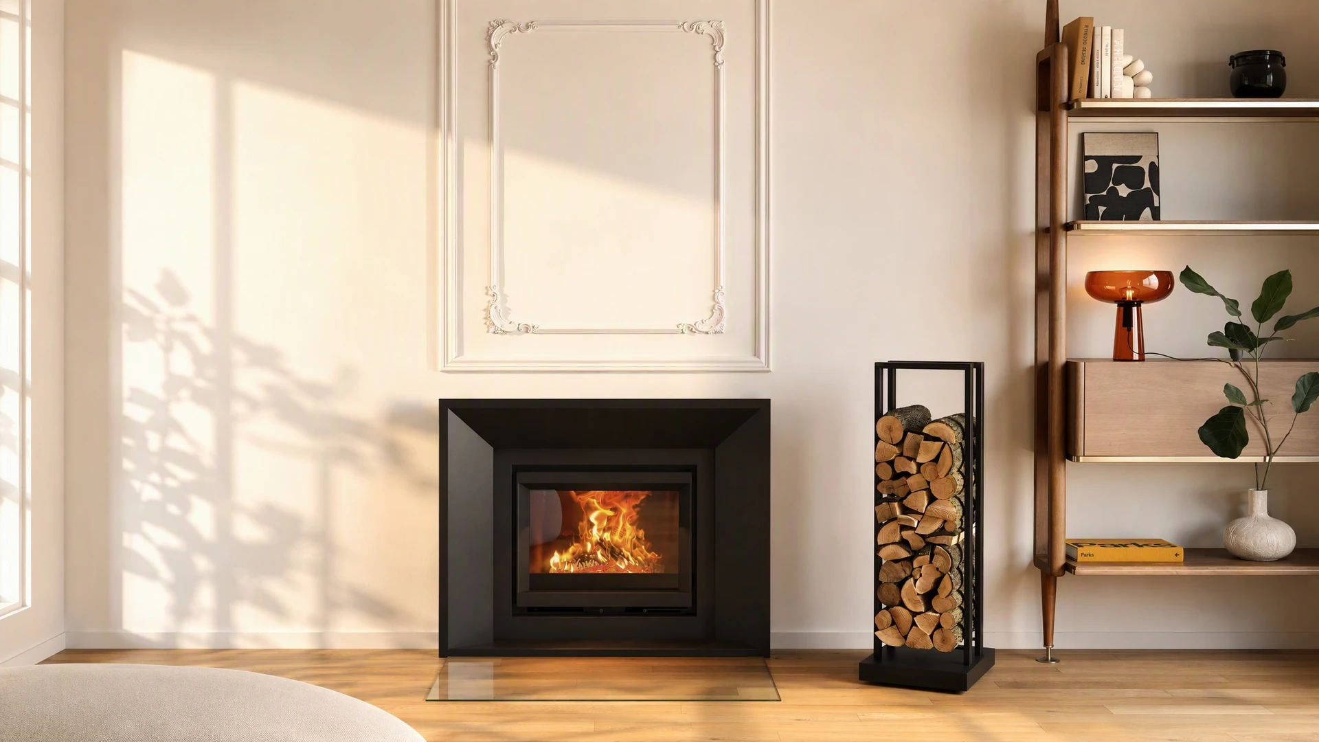 Showroom intérieur présentant plusieurs poêles à granulés de différents modèles disposés sur parquet bois