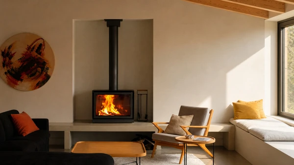 Intérieur chaleureux avec poêle à bois en fonte noire à foyer ouvert, flammes vives visibles derrière vitre arquée